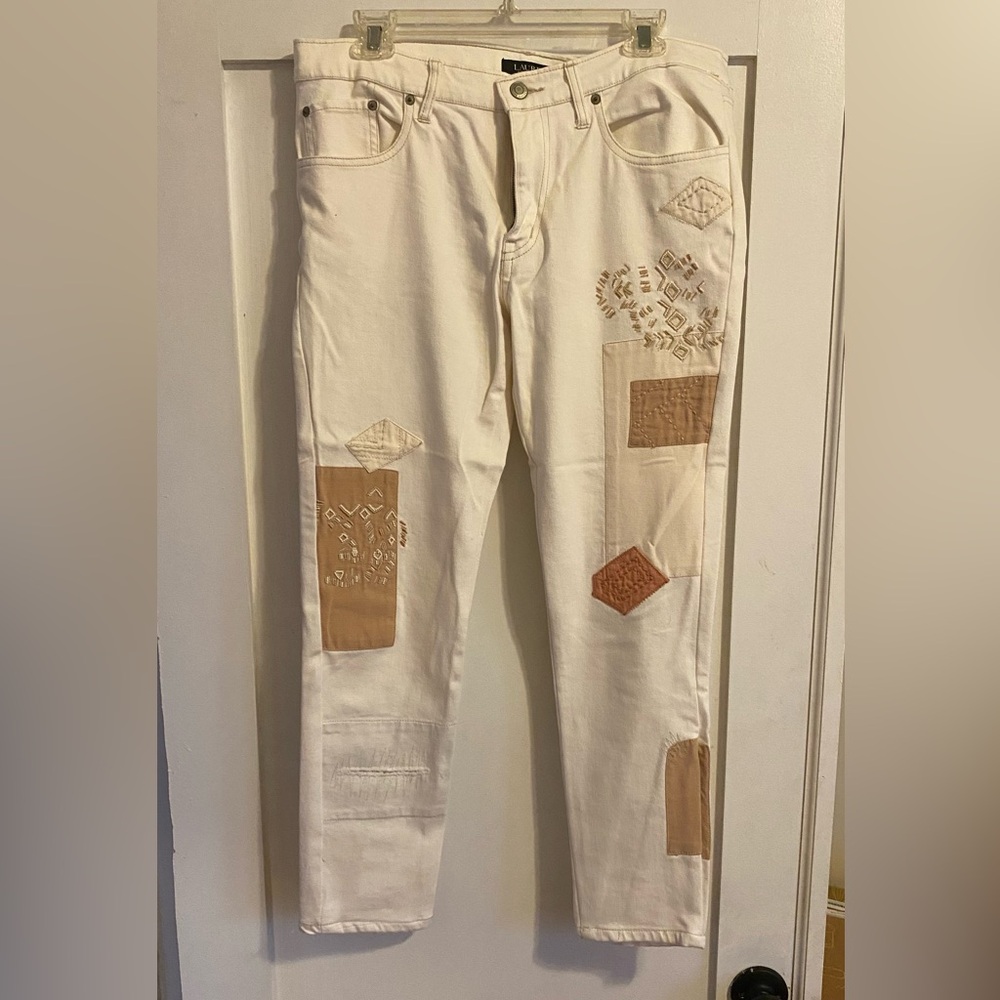 Ralph Lauren Women's Cream Relaxed Fit Patchwork Ankle Jeans size 8